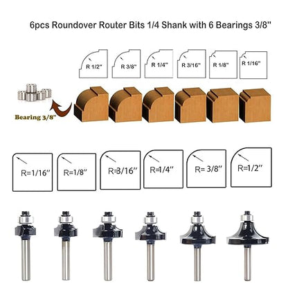 6pcs Roundover Router Bit Set